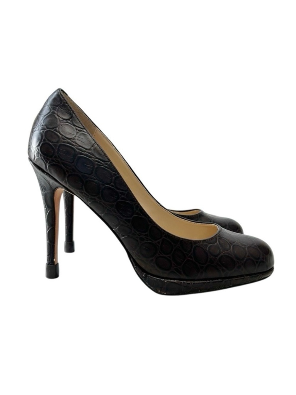 Expression Leather Croc-Embossed High Heels Pumps Dark Chocolate Brown Size 8